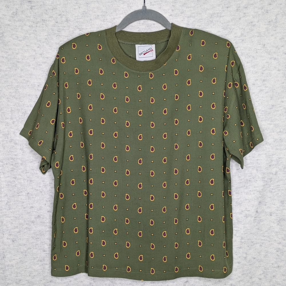 VTG Britland Green Paisley Patterned T-Shirt  Rayon Made in USA Sz S